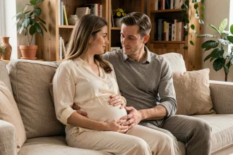 Un couple attendant un bébé partage un moment de tendresse sur un canapé, le partenaire posant doucement la main sur le ventre de la femme enceinte