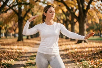 Femme pratiquant le tai chi en plein air dans un parc en automne pour une perte de poids durable grâce à l'activité physique douce