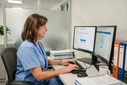 Administratrice hospitalière connectée à la messagerie CHU Montpellier sur son poste de travail sécurisé
