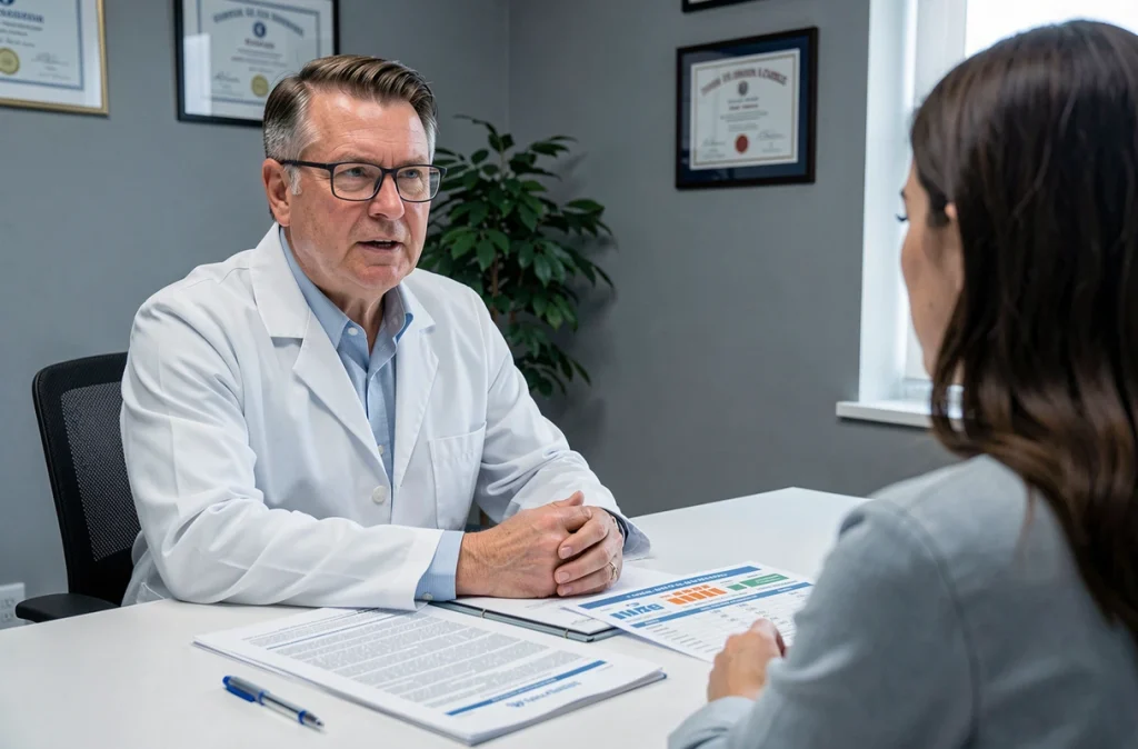 Allergologue en consultation médicale discutant des résultats d'allergie aux oignons avec une patiente