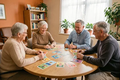 Groupe de seniors participent à un atelier mémoire autour d'une table avec des cartes illustrées colorées dans un centre communautaire chaleureux