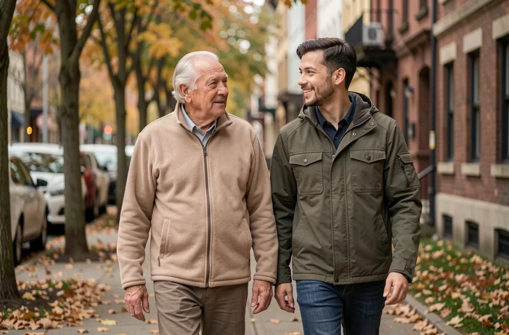 Un bénévole accompagnant un homme âgé lors d'une promenade en ville en automne, illustrant le rôle du lien intergénérationnel dans la lutte contre l'isolement des seniors