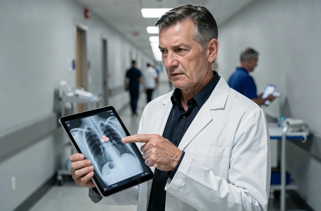 Cardiologue montrant une radiographie thoracique avec pacemaker visible sur une tablette médicale dans un couloir d'hôpital