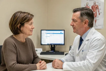 Patiente discutant de ses résultats d'hématies élevés avec son médecin généraliste en cabinet médical