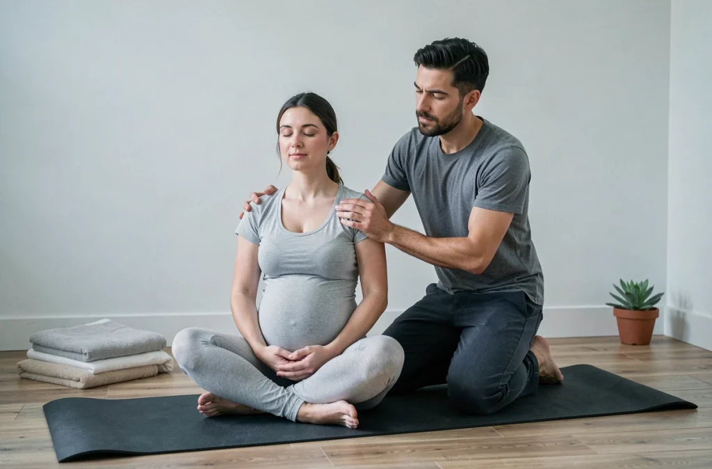 Un couple pratique des exercices de respiration prénatale ensemble sur un tapis de yoga dans un espace calme à la maison