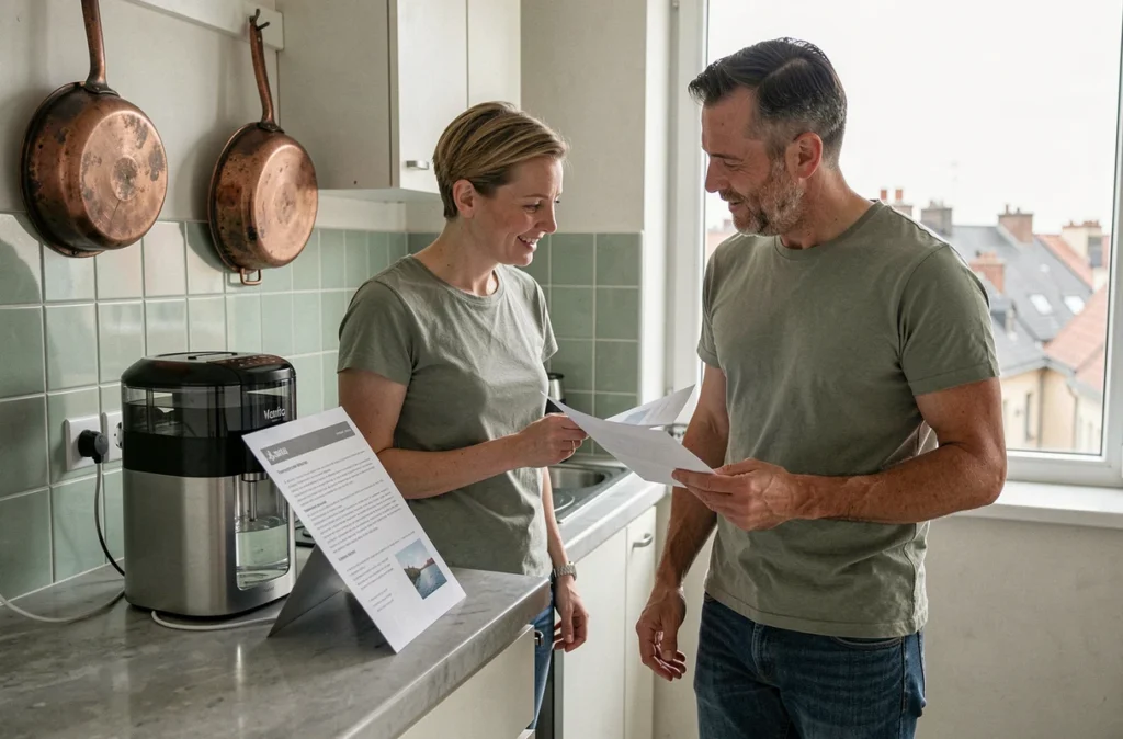 Couple lisant un rapport sur la qualité de l'eau à côté d'un filtre Berkey dans une petite cuisine d'appartement avec carrelage vert et vue sur les toits