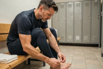 Coureur examinant son talon d'Achille douloureux dans un vestiaire de salle de sport, bursite du talon chez le sportif