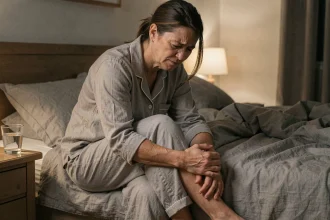 Femme d'âge mûr souffrant d'une crampe à la jambe la nuit, assise au bord du lit et tenant son mollet