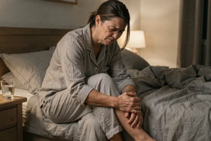 Femme d'âge mûr souffrant d'une crampe à la jambe la nuit, assise au bord du lit et tenant son mollet