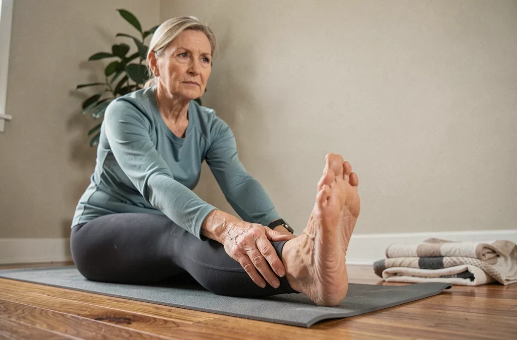 Femme senior pratiquant un étirement du mollet sur un tapis de yoga pour prévenir les crampes nocturnes