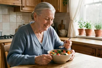 Femme âgée souriante mangeant un repas nutritif et équilibré à une table de cuisine en bois, illustrant la prévention de la dénutrition chez les seniors