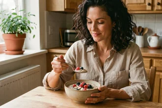 Femme savourant un bol de flocons d'avoine aux fruits rouges et graines de chia, aliments riches en fibres alimentaires favorisant la satiété
