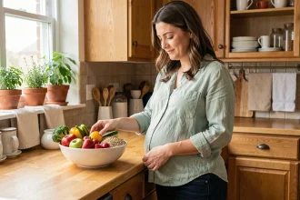 Femme enceinte préparant un bol de fruits et légumes frais dans une cuisine en bois chaleureuse, alimentation équilibrée pendant la grossesse