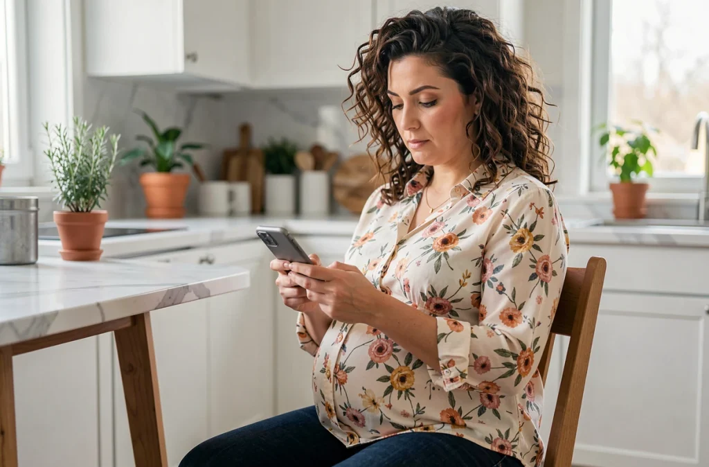Femme enceinte assise dans une cuisine, chronométrant ses contractions sur son téléphone, signe annonciateur du travail