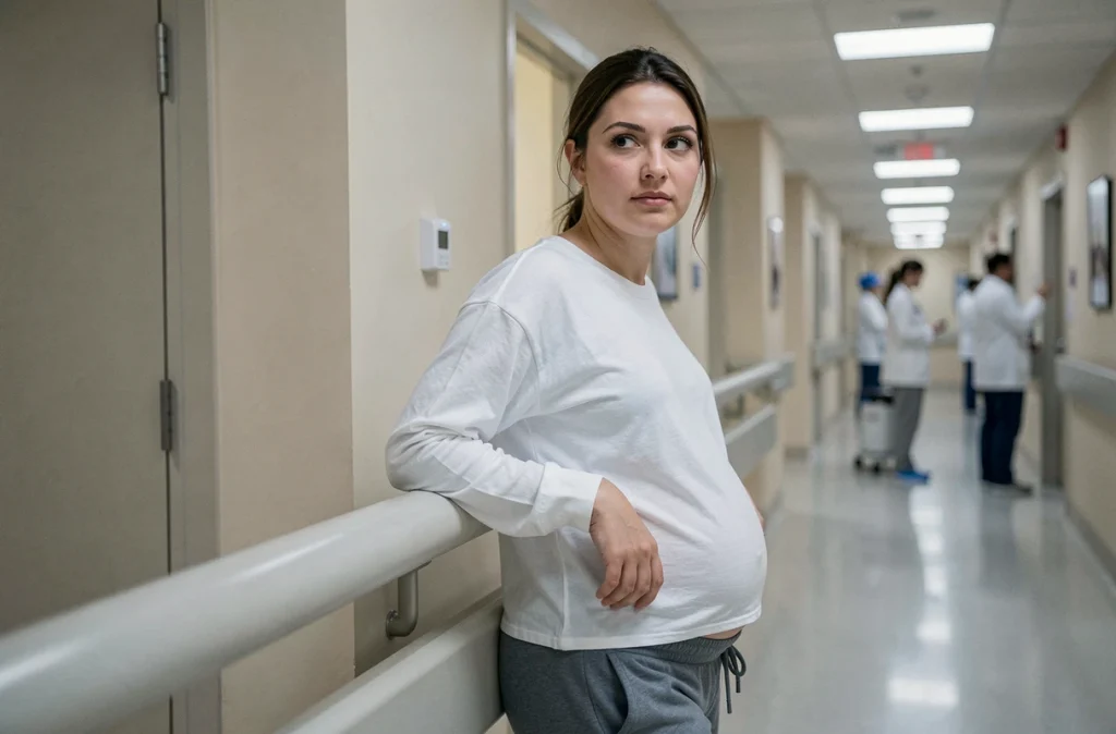 Femme enceinte debout dans un couloir d'hôpital, penchée sur une rampe en ressentant les contractions du début du travail