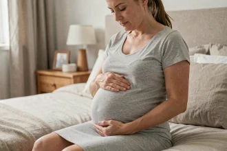 Femme enceinte assise sur un lit, les mains posées sur le ventre, ressentant les premiers signes du travail