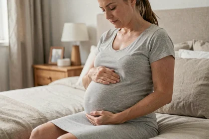 Femme enceinte assise sur un lit, les mains posées sur le ventre, ressentant les premiers signes du travail