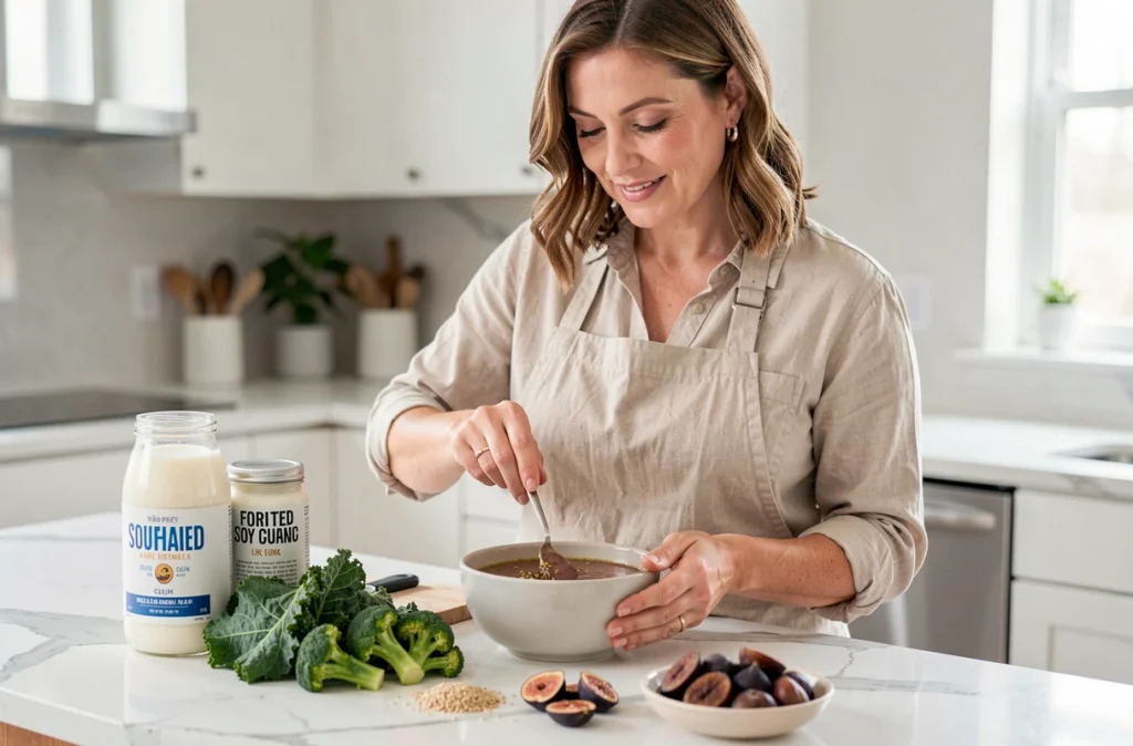 Femme préparant un smoothie bowl avec des aliments riches en calcium et vitamine D dans une cuisine moderne