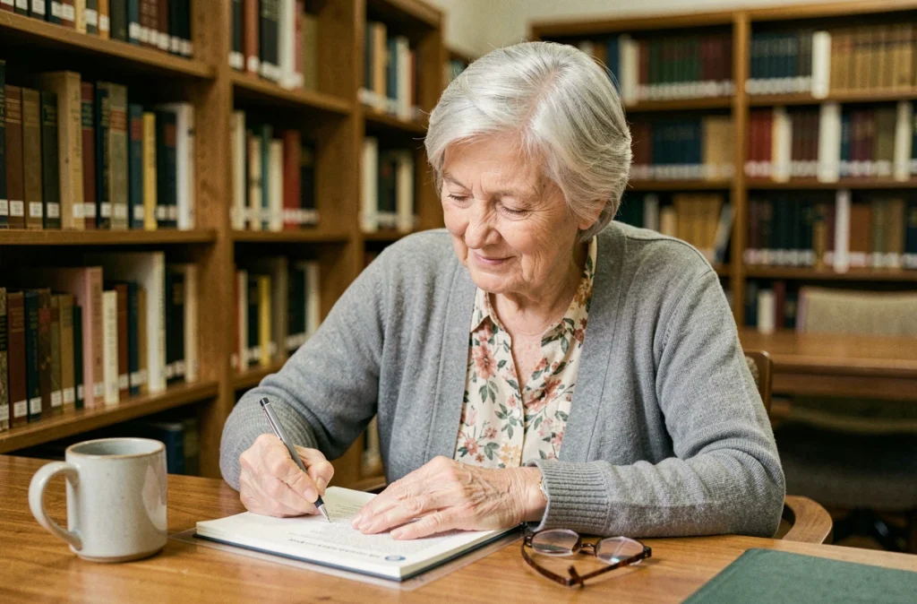 Femme senior concentrée prend des notes lors d'un exercice de mémoire dans une bibliothèque calme et chaleureuse