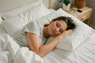 Femme dormant paisiblement dans un lit en lin blanc, illustrant les bienfaits du sommeil réparateur sur la santé et la régulation du poids