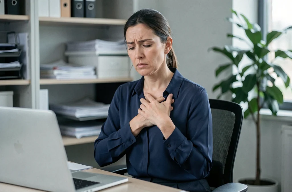 Femme stressée au bureau, main sur la poitrine, illustrant le lien entre stress, estomac et extrasystoles cardiaques