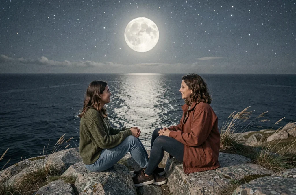 Deux femmes assises sur une falaise côtière contemplant le reflet de la pleine lune sur l'océan, évoquant l'influence émotionnelle des cycles lunaires