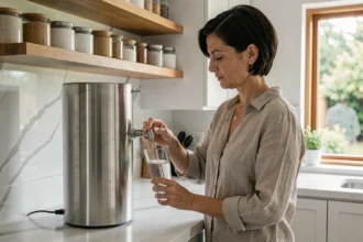 Femme remplissant un verre d'eau filtrée grâce à un filtre à eau par gravité Berkey posé sur un plan de travail en marbre dans une cuisine moderne