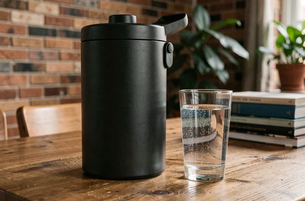 Gros plan sur un filtre à eau Berkey en inox noir posé sur une table en chêne avec un verre d'eau claire et quelques plantes en arrière-plan