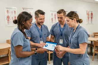 Équipe soignante en formation sur une tablette numérique dans une salle de repos hospitalière moderne