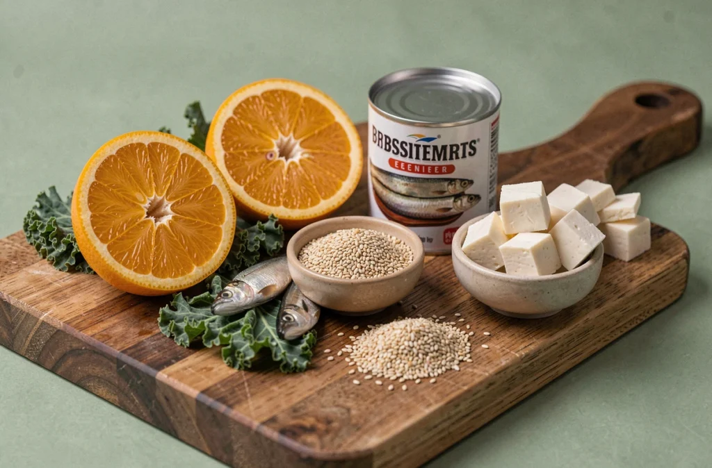 Gros plan sur des aliments sources de vitamine D et calcium comme les oranges, le chou kale, les sardines et le tofu sur une planche en bois