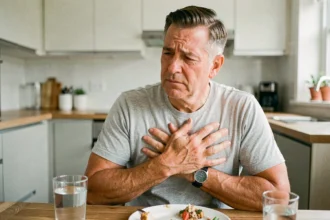 Homme d'âge moyen assis à une table de cuisine, les mains sur la poitrine, exprimant une gêne cardiaque liée aux extrasystoles