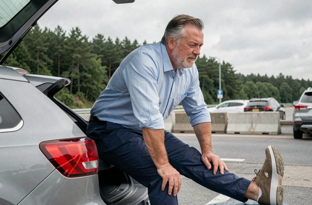 Homme d'âge mûr effectuant un étirement contre la sciatique assis sur le coffre de son SUV lors d'une pause sur l'autoroute