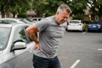 Homme soulagant une sciatique en s'étirant le bas du dos après un long trajet en voiture dans un parking