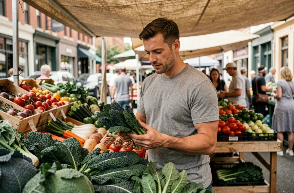 Homme choisissant des légumes riches en fibres au marché fermier, chou kale et légumes frais pour réduire les grignotages