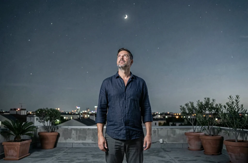 Homme pensif sur un toit urbain observant la nouvelle lune dans un ciel nocturne, symbolisant l'effet lunaire sur les émotions