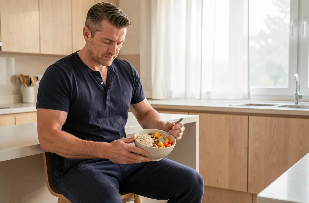Homme reposé préparant un petit-déjeuner sain le matin, illustrant le lien entre un sommeil de qualité et une meilleure régulation du poids