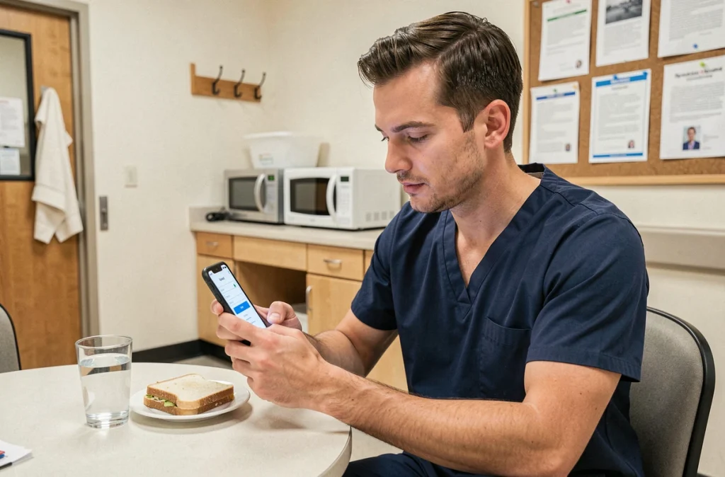 Infirmier consultant la messagerie espace agent CHU sur son smartphone dans la salle de pause
