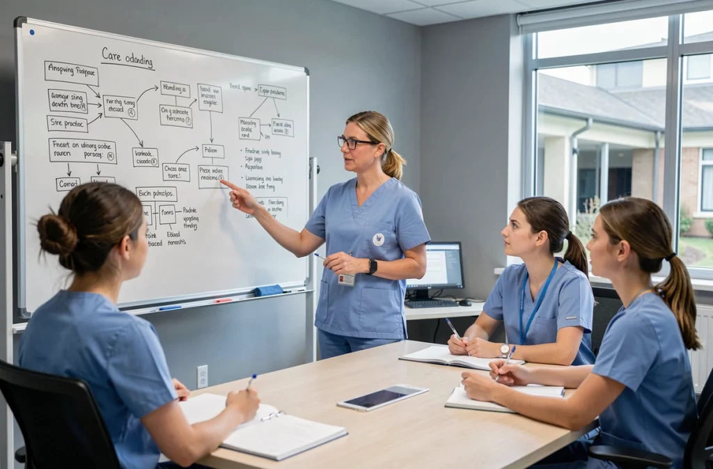 Infirmière formatrice expliquant des protocoles de soins à de nouveaux membres d'équipe lors d'une session de formation