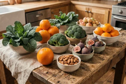 Assortiment de légumes et fruits riches en vitamine D et calcium disposés sur une table en bois rustique pour une alimentation équilibrée