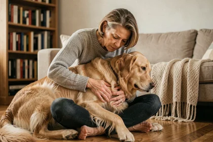 Maîtresse inquiète examinant l'abdomen de son golden retriever à domicile, signe possible d'une tumeur de la rate chez le chien