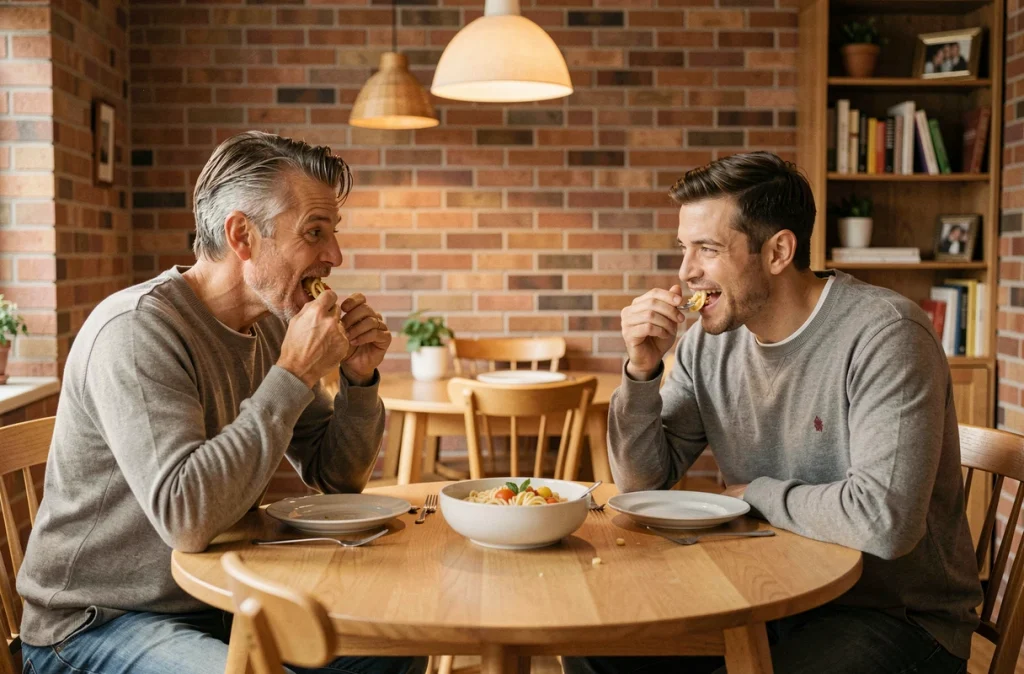 Couple mangeant lentement ensemble un repas fait maison dans une salle à manger chaleureuse, favorisant le contrôle du poids