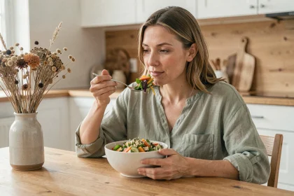 Femme mangeant lentement et consciencieusement un bol de salade colorée dans une cuisine scandinave