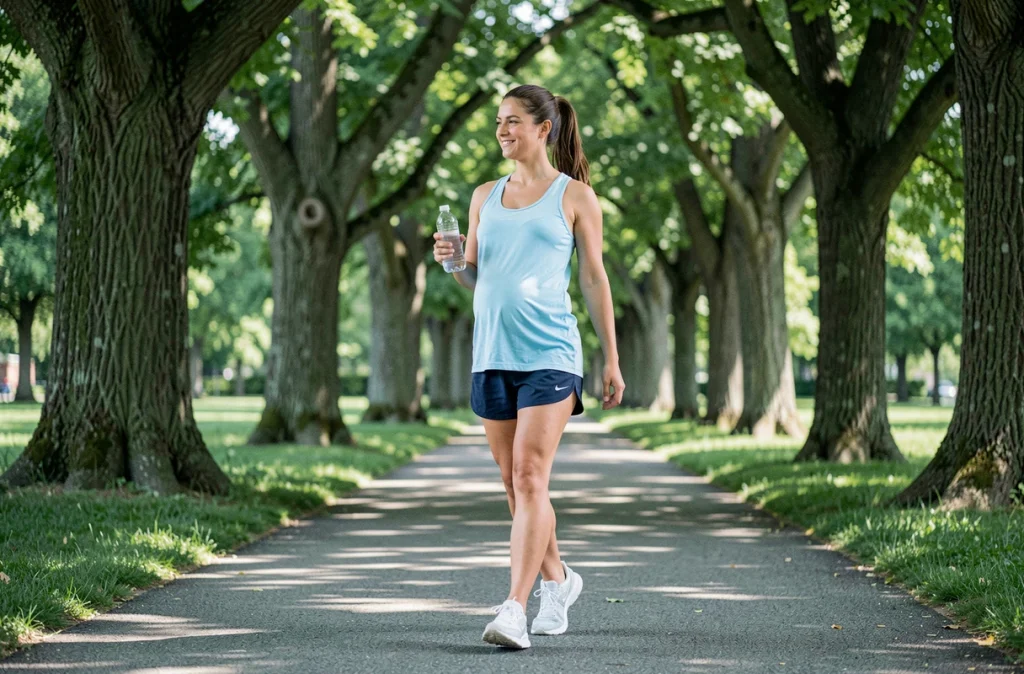 Femme enceinte marchant dans un parc verdoyant avec des chaussures de sport blanches et une bouteille d'eau, activité physique adaptée en plein air