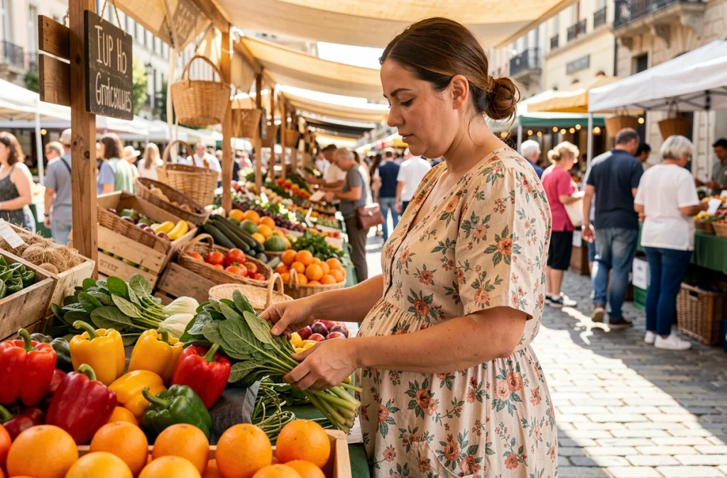 Femme enceinte choisissant des légumes frais et biologiques dans un marché fermier en plein air, favorisant une alimentation saine pendant la grossesse