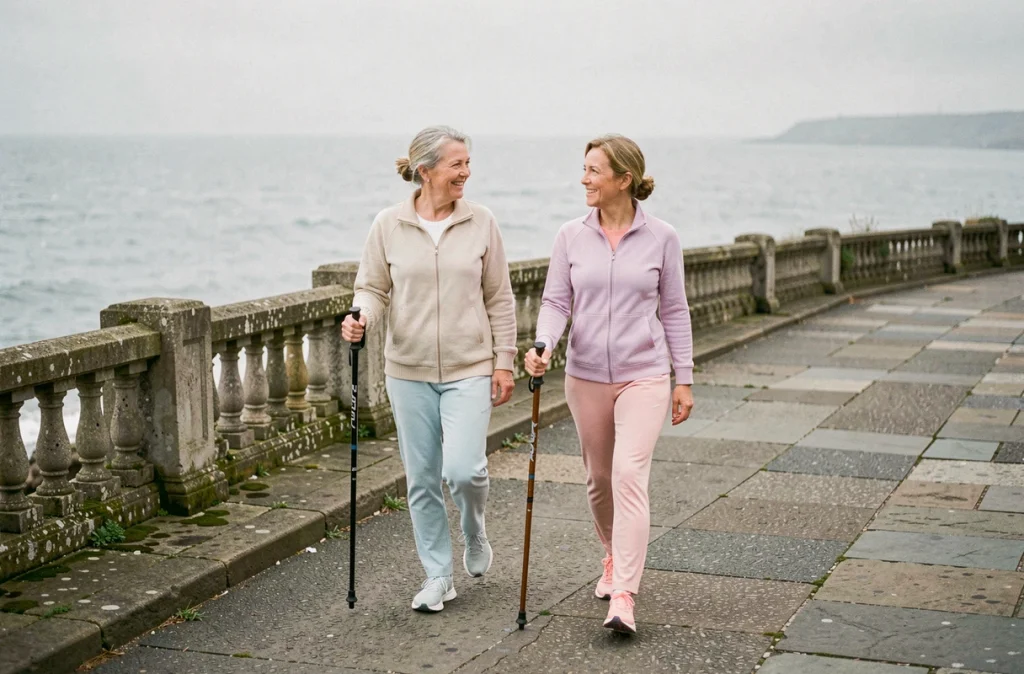 Deux femmes seniors marchant avec des bâtons nordiques sur un front de mer pour maintenir équilibre et mobilité au quotidien