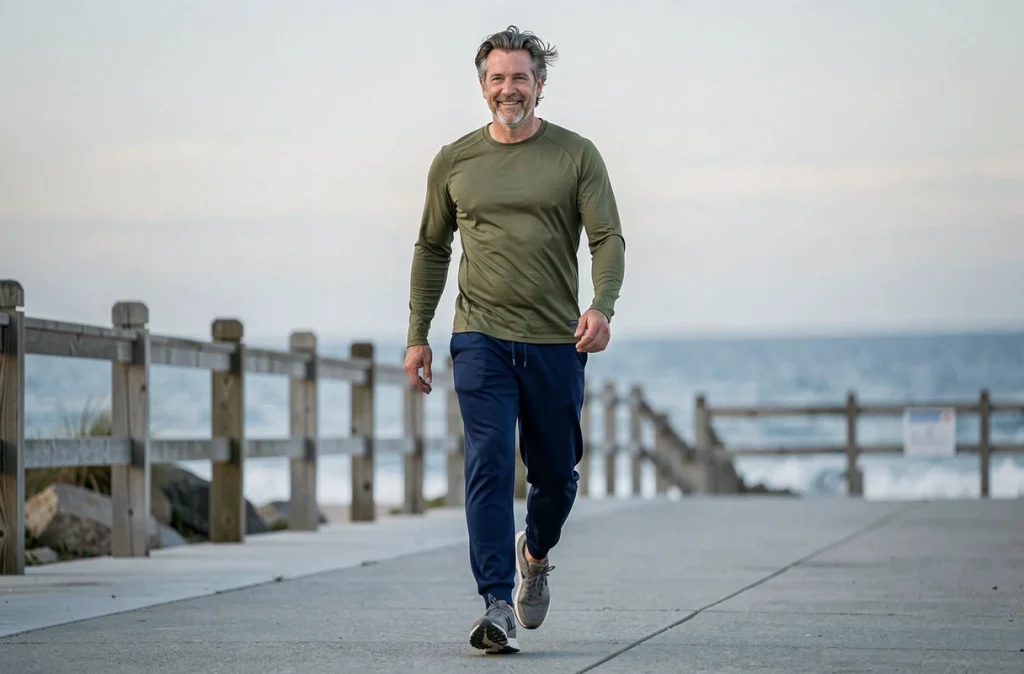 Homme marchant d'un pas soutenu sur une promenade côtière dans le cadre d'une activité physique douce favorisant la perte de poids
