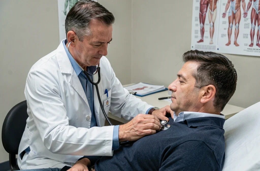 Médecin ausculant un patient avec un stéthoscope dans un cabinet médical, consultation pour extrasystoles et troubles cardiaques