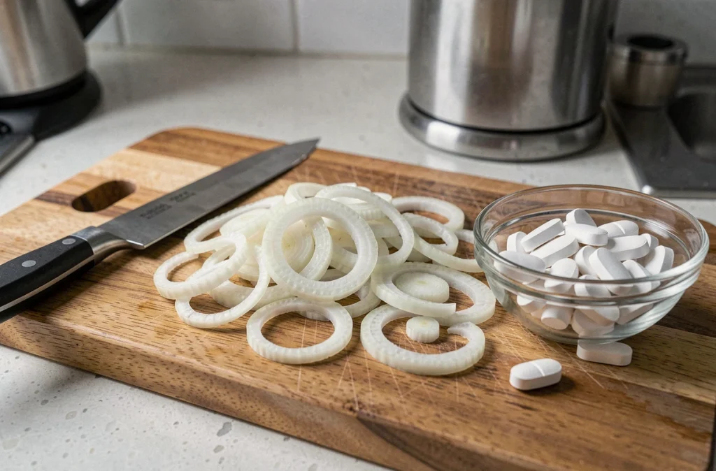 Oignons tranchés sur une planche à découper avec des antihistaminiques, symbolisant le traitement de l'allergie aux oignons