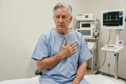 Patient âgé portant une blouse d'hôpital, la main sur la poitrine, dans une salle de cardiologie avec moniteur ECG en arrière-plan
