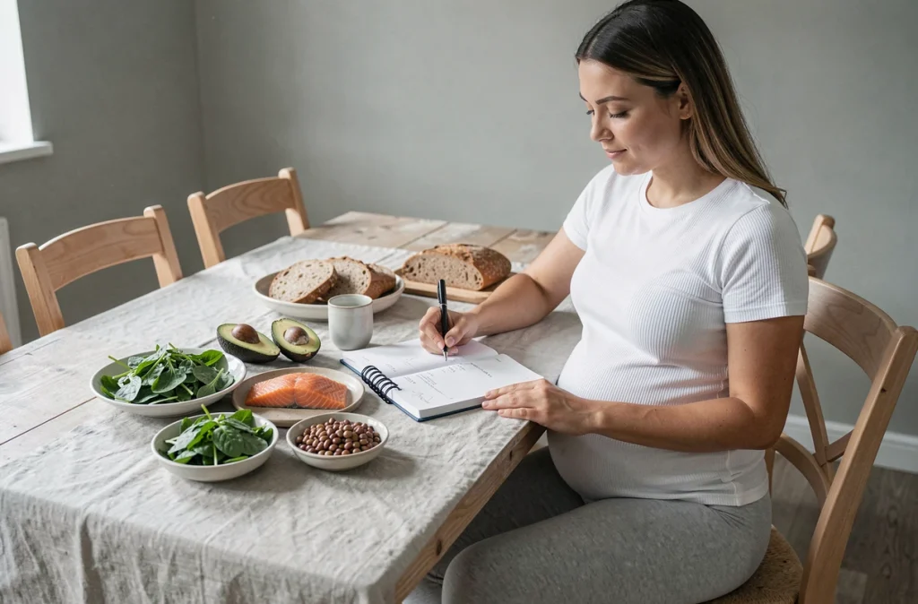 Femme enceinte planifiant ses repas nutritifs autour d'aliments sains comme le saumon, l'avocat et les légumineuses sur une table scandinave